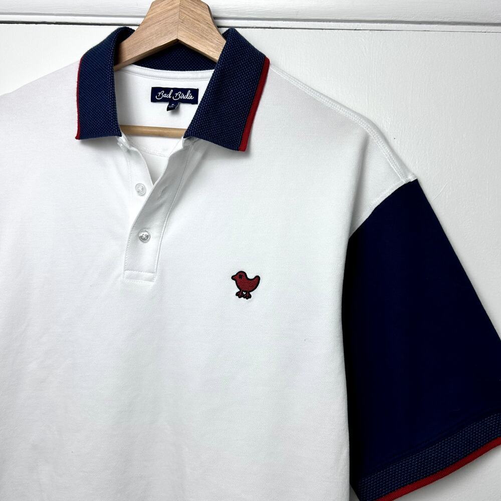 Bad Birdie Golf Polo White Navy Blue Red Pique Cotton Shirt Short Sleeve Medium - Picture 9 of 9